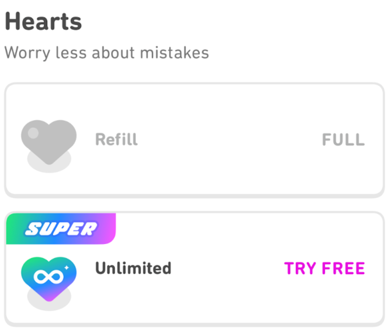 The "hearts" section of the shop, showing two buttons, one for refilling hearts and one for purchasing the subscription for unlimited hearts.