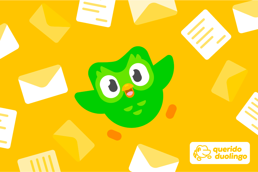 Ilustração da coruja Duo com envelopes e cartas ao redor. No canto inferior está o logo da coluna "Querido Duolingo".