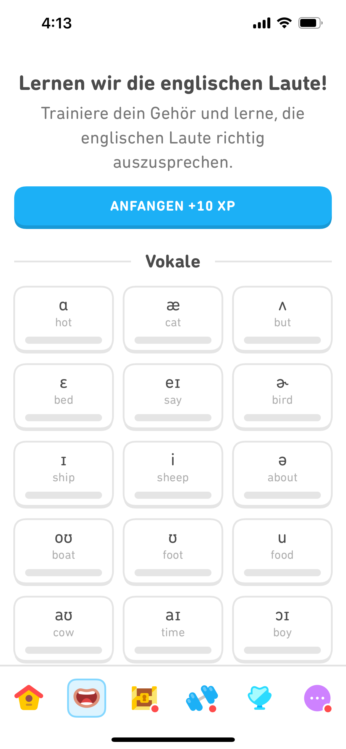 Screenshot des Aussprache-Tabs, mit Kästchen, in denen die englischen Vokale abgebildet sind. Diese sind durch Lautsymbole dargestellt, und darunter steht jeweils ein Beispielwort. Pro Reihe sind drei Kästchen angeordnet.