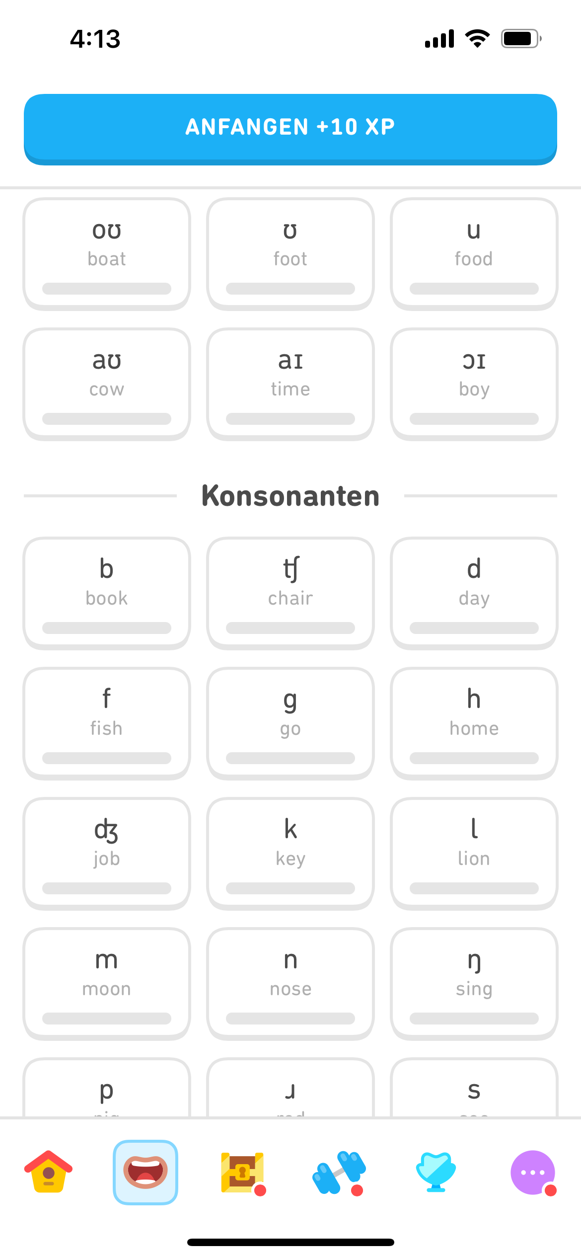 Screenshot des Aussprache-Tabs, mit Kästchen, in denen die englischen Vokale und weiter unten die Konsonanten abgebildet sind.