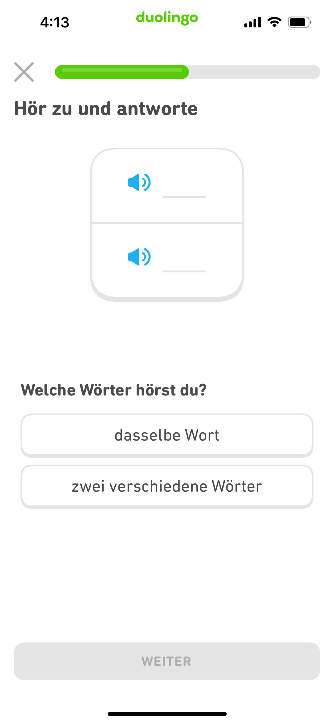 Screenshot einer Übung mit zwei Lautsprecher-Symbolen, und darunter die Frage, ob die beiden Wörter gleich oder unterschiedlich sind.