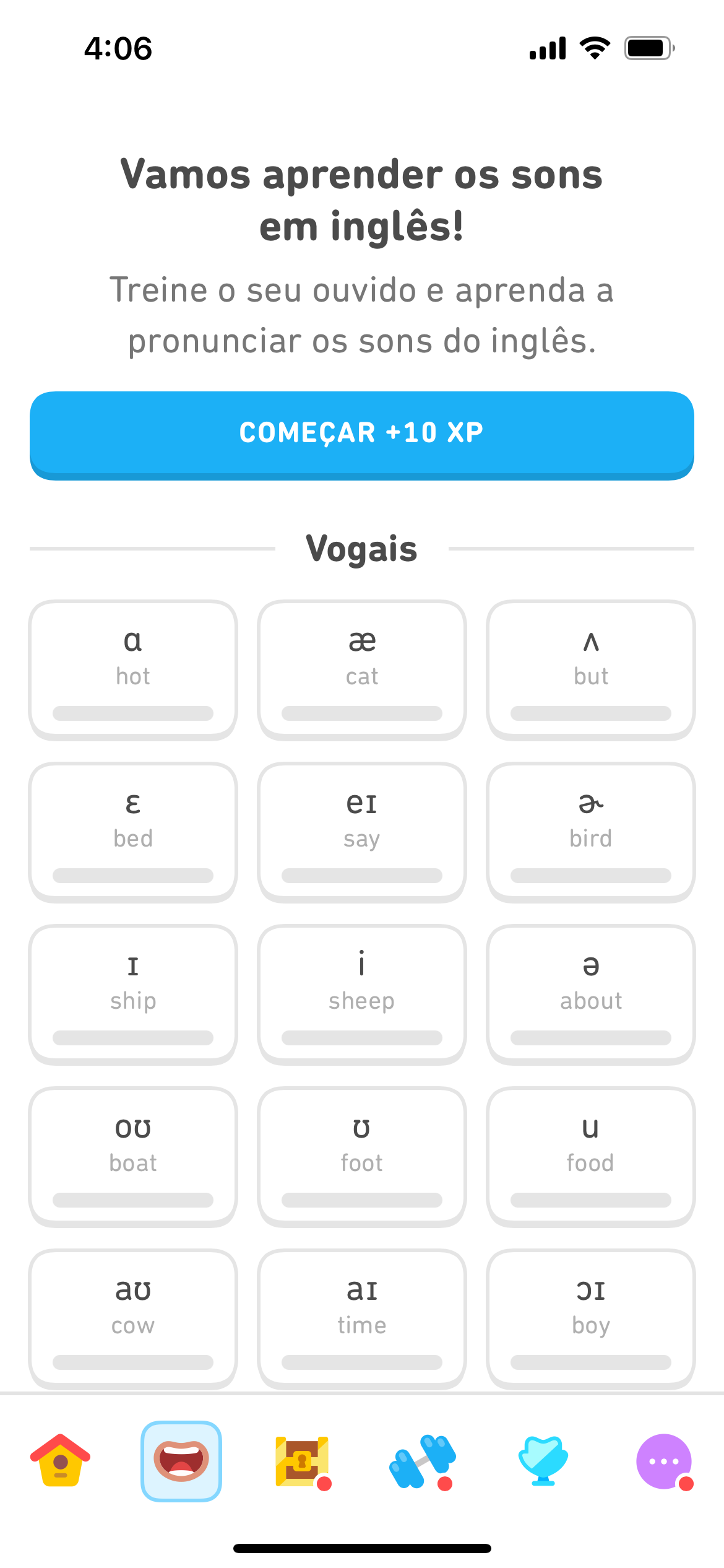 Captura de tela da aba de pronúncia, mostrando quadrados com as vogais da língua inglesa, cada uma representada por um símbolo fonético e uma palavra de exemplo. Os quadrados estão organizados em fileiras de três.