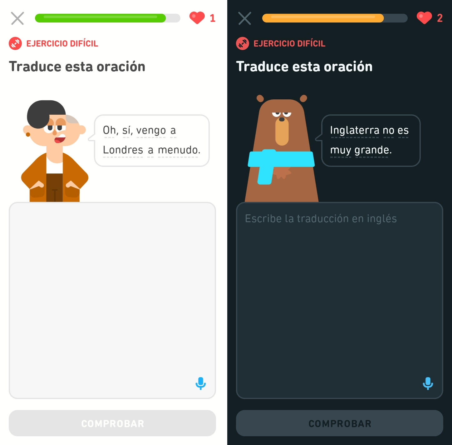 Dos capturas de pantalla de ejercicios. La del lado izquierdo muestra la instrucción “Traduce esta oración” y debajo está Lin diciendo la frase “Oh, sí, vengo a Londres a menudo”. La imagen del lado derecho muestra también la instrucción “Traduce esta oración” y debajo está Falstaff diciendo la frase “Inglaterra no es muy grande”. La imagen izquierda está en modo brillo y la de la derecha en modo oscuro.
