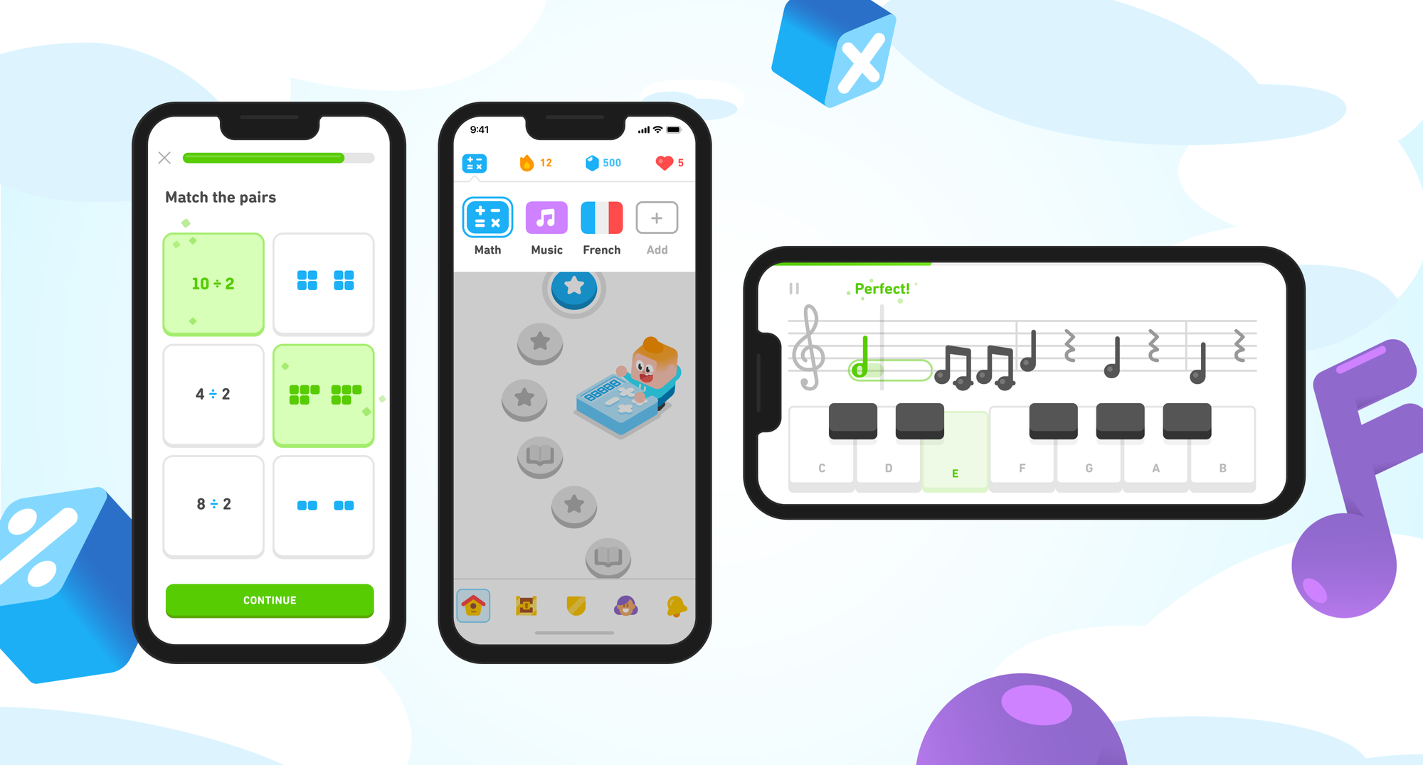 Three iPhone screens show different elements of the new Duolingo experience. The first shows a Math lesson where a learner calculates hourly wage. The second shows the course picker, with Math and Music icons next to a French course flag. And the third shows an iPhone oriented horizontally with a keyboard and staff of notes, and it is implied that the learner is playing along on the keyboard as the notes move on screen.