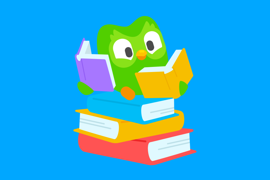 Ilustración de Duo, el búho, sentado sobre una pila de libros, con uno en cada una de sus alas.