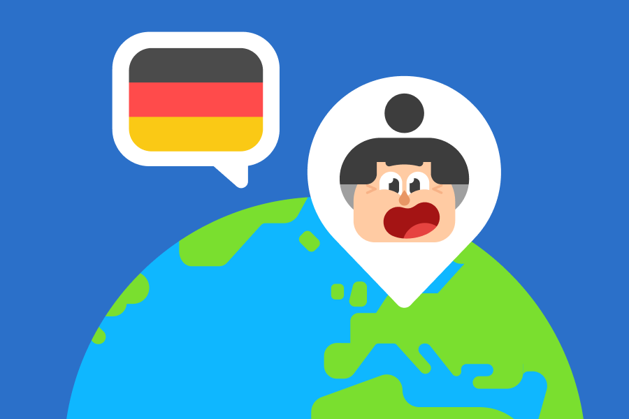 Ilustración de la Tierra donde aparece una imagen de Lucy sonriendo y la bandera alemana sobre Alemania