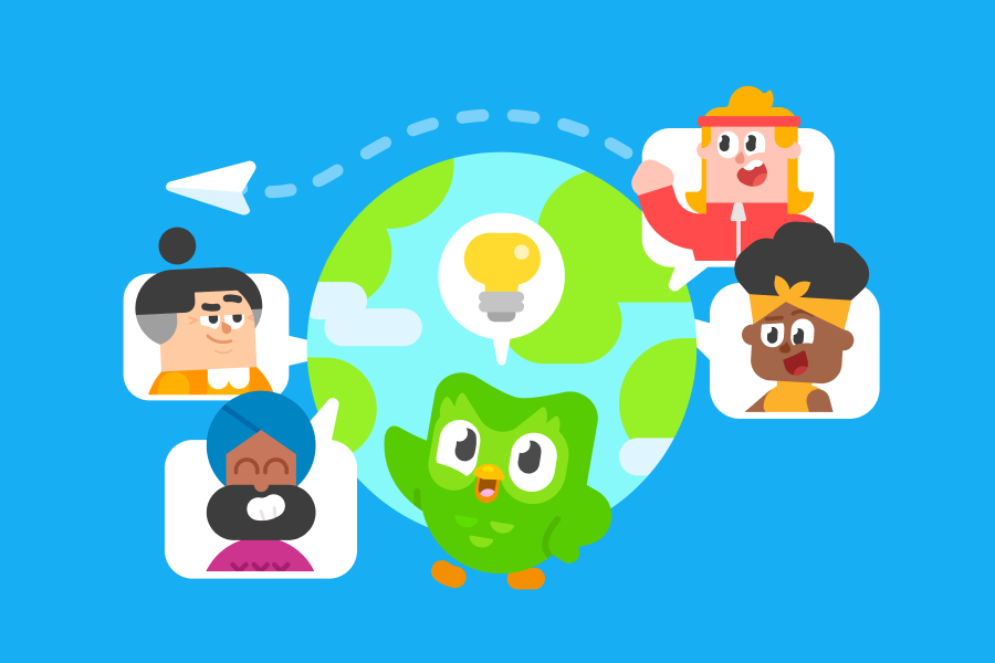 Ilustración de la Tierra con Lucy, Vikram, Duo, Eddy y Bea sonriendo desde diferentes partes del mundo