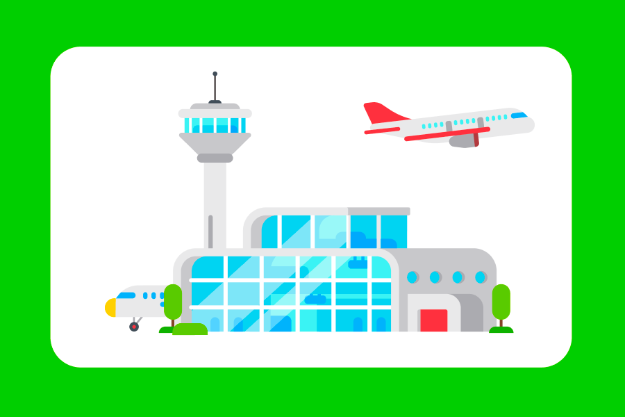 Ilustración de un aeropuerto con un avión que está despegando