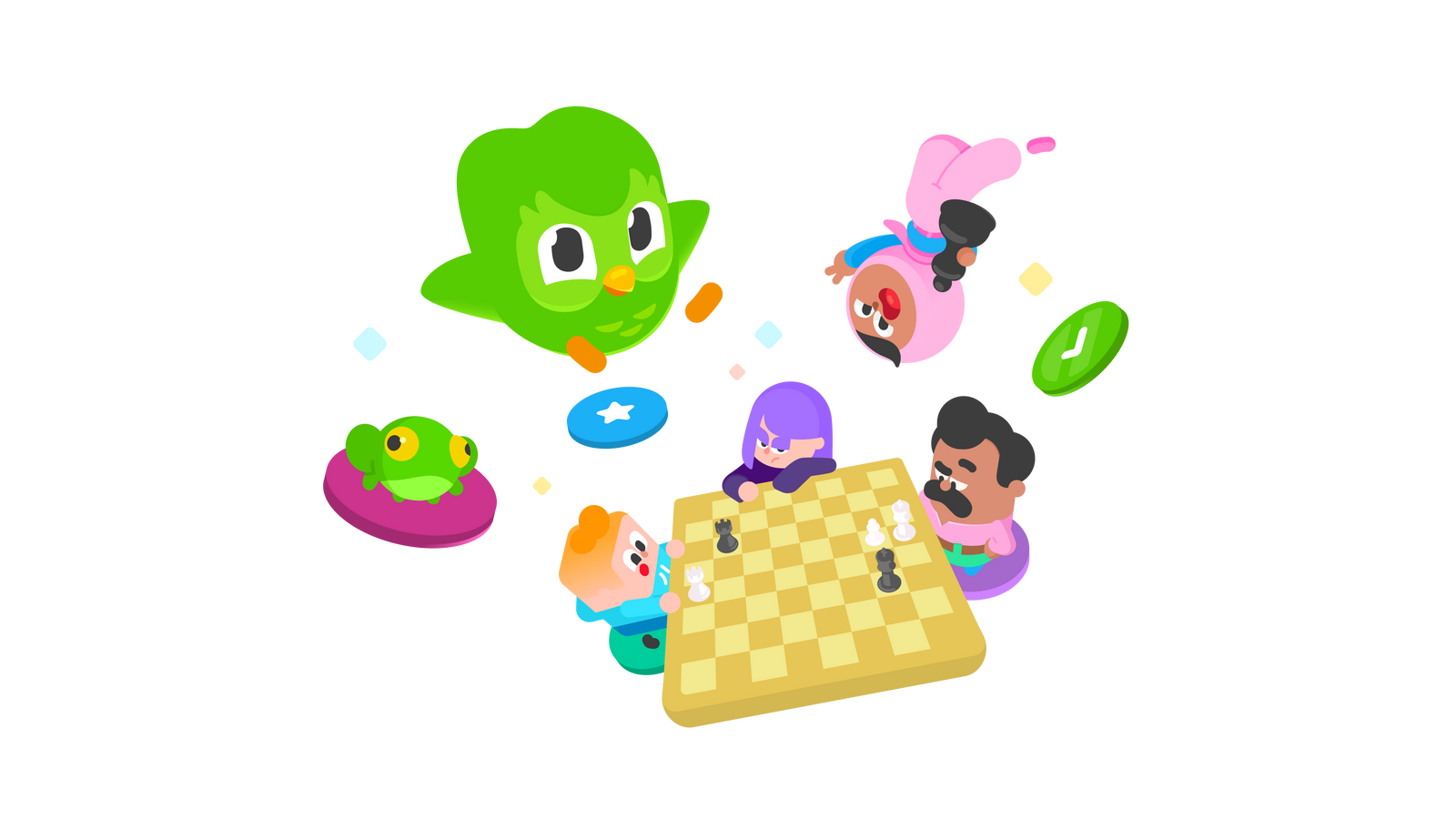 Lily, Junior et Oscar sont assis devant un échiquier. Duo, Zari, une grenouille et des niveaux du parcours Duolingo flottent au-dessus d’eux.