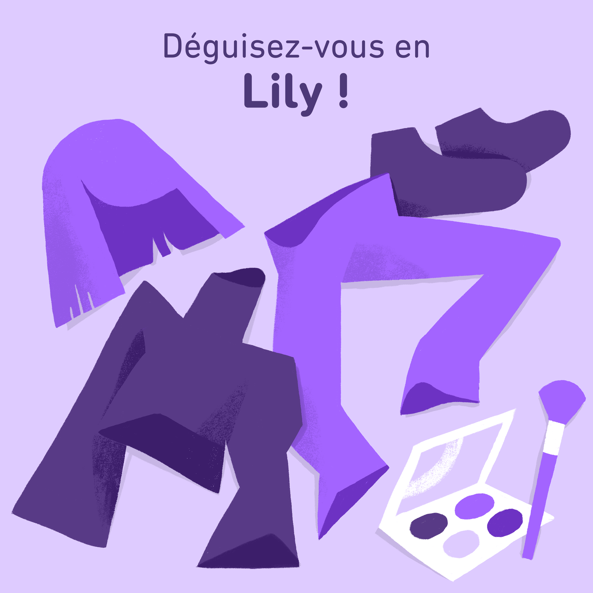 Illustration d’une perruque violette, d’un col roulé violet, d’un pantalon violet, de chaussures violettes et d’une palette de maquillage violette.