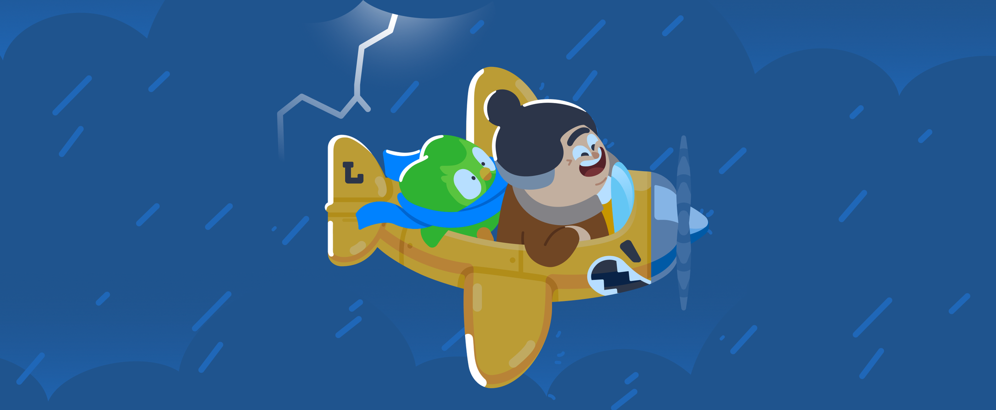 Illustration of Lucy flying a plane in a thunderstorm, with a worried Duo riding behind her