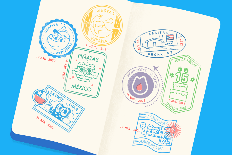 Ilustración de un pasaporte abierto con estampas de toda Latinoamérica, presentando a Duo el búho