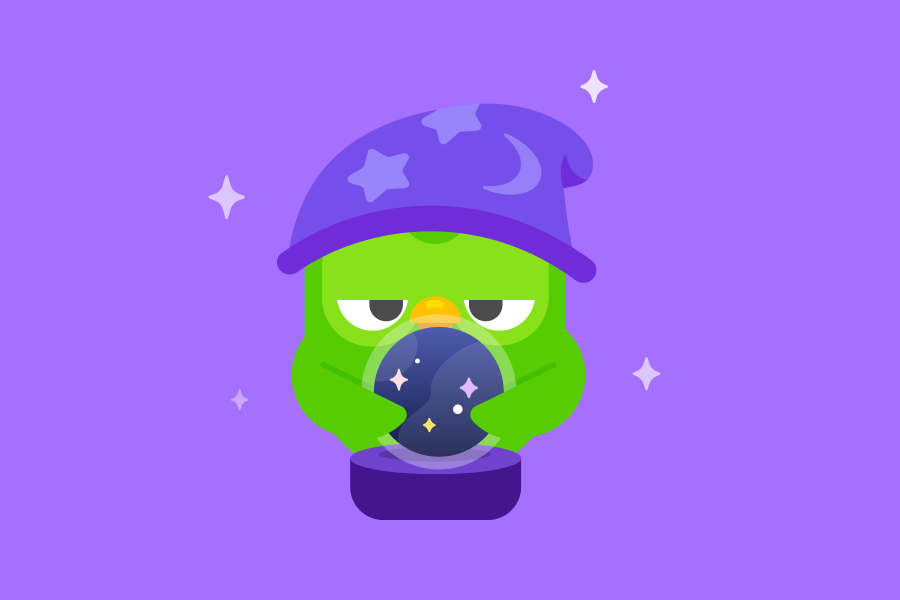 Ilustração do Duo vestido de mago e segurando uma bola de cristal.
