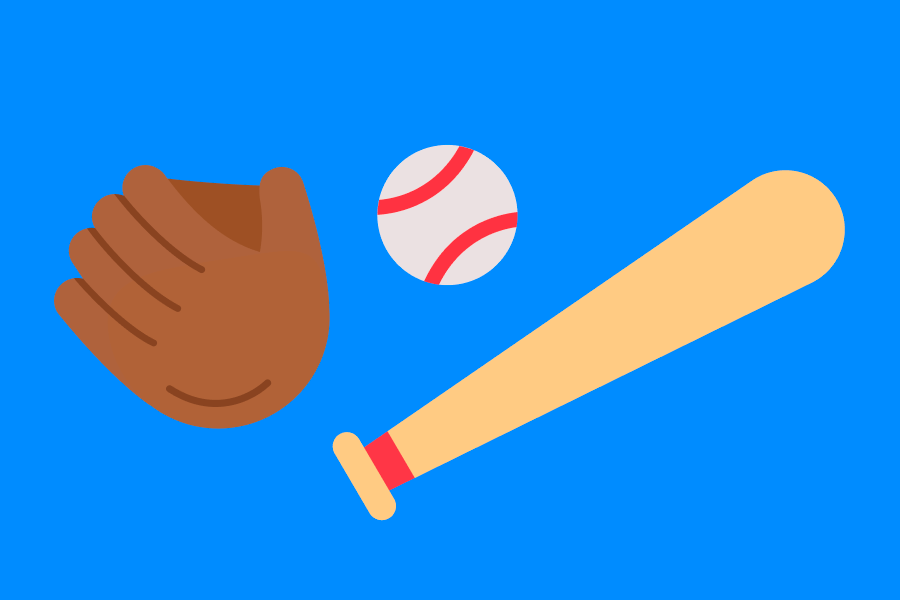 Ilustración de un guante, un bate y una pelota de béisbol