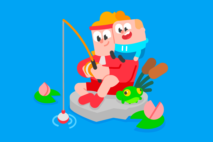 Eddy and Junior fishing, with Eddy smiling on a rock and holding a fishing pole and Junior smiling on his shoulder
