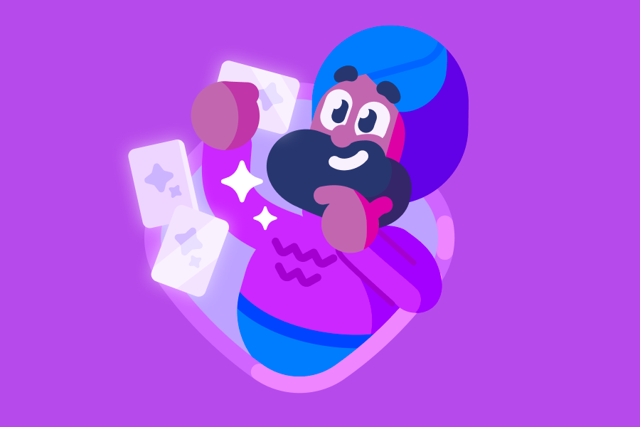 Vikram olhando para um flashcard e sorrindo com expressão de interesse.