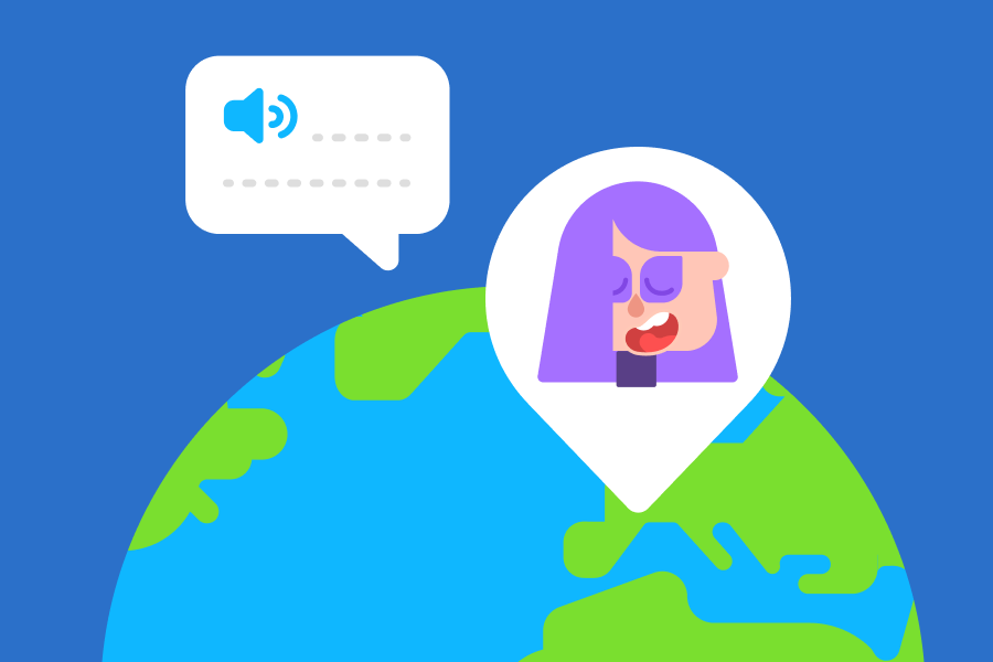 Ilustração do planeta Terra com um balão de diálogo e um avatar da Lily sobre o sul da França.