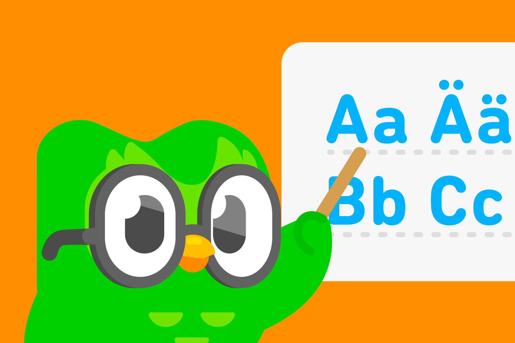 Illustration of Duo the owl wearing glasses and using a pointer to point to letters “A,” “Ä, “B,” and “C” in the German alphabet