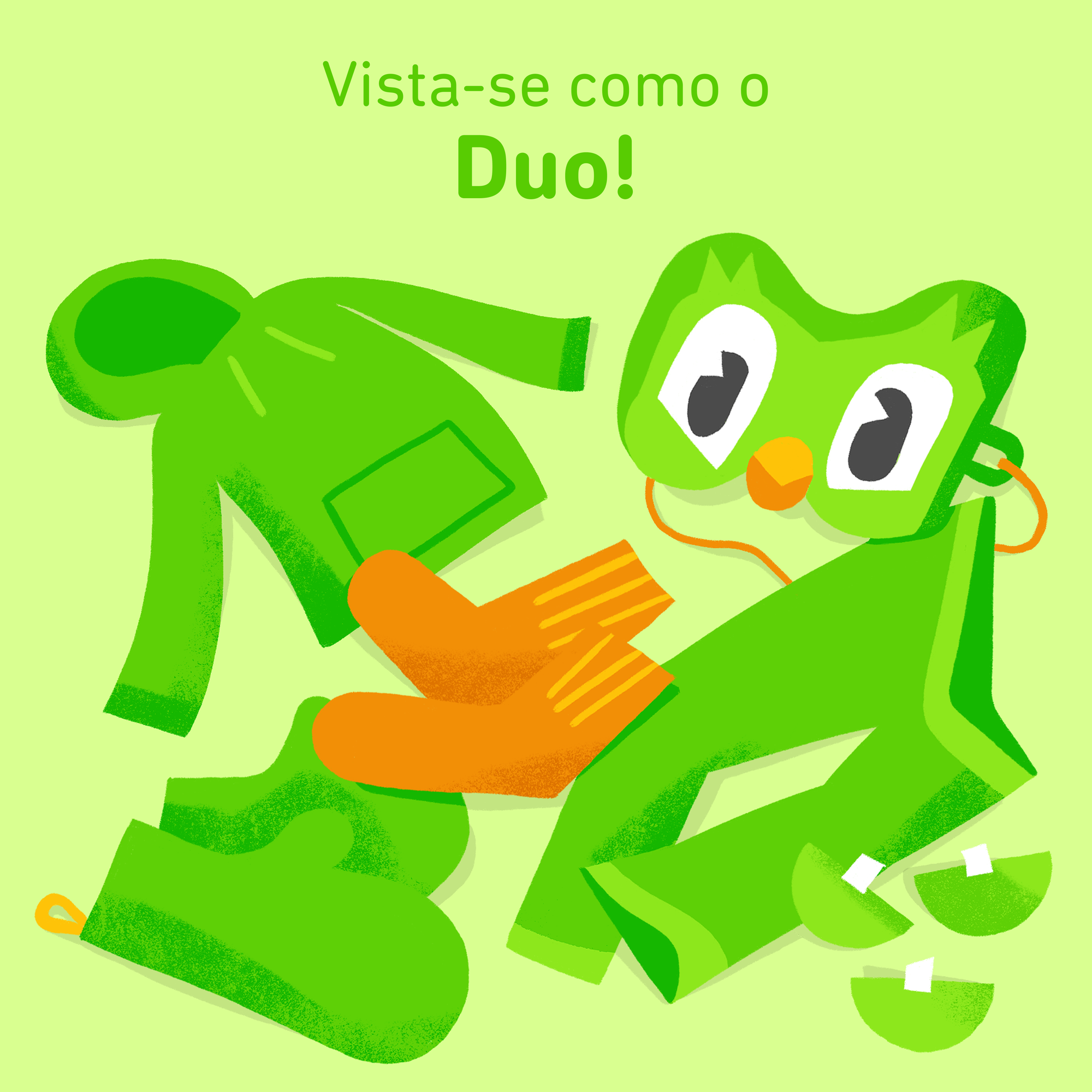 Ilustração de um moletom verde, calças verdes, luvas verdes, meias laranja e uma máscara Duo.