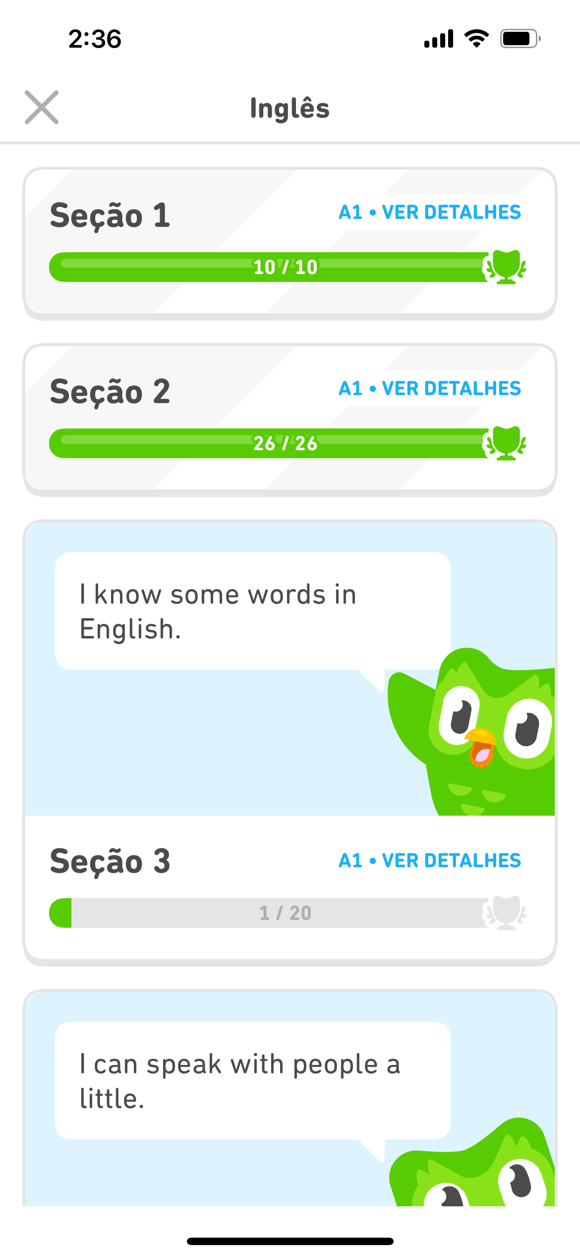 Captura de tela do menu de seção do curso de inglês mostrando as seções 1 e 2 concluídas e a seção 3 parcialmente concluída