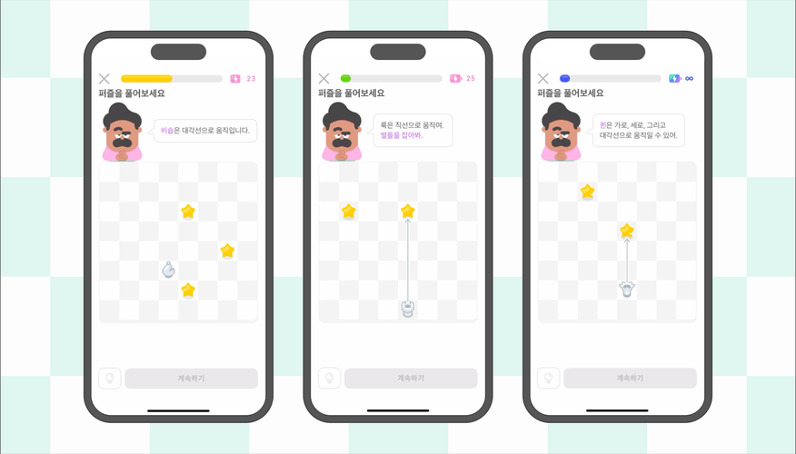 휴대폰 체스 앱의 세 가지 다른 퍼즐 풀기 스크린샷을 보여주는 GIF 이미지. 각 이미지 속에서 콧수염이 난 만화 캐릭터 강사가 사용자를 가이드한다. 첫 이미지는 퀸이 킹을 체크메이트시키는 것을 보여준다. 두 번째 이미지는 새로운 개념을 소개한다. 사용자에게 폰을 중앙으로 움직이라고 말한다. 세 번째 이미지는 나이트가 알파벳 L 모양으로 움직이는 걸 설명한다. 세 개의 별이 표시되어 있어 나이트를 그곳으로 진전해야 한다. 전체적인 앱 인터페이스는 깔끔하고 컬러풀하며, 체스 입문자를 위한 레슨에 초점을 두고 있다.