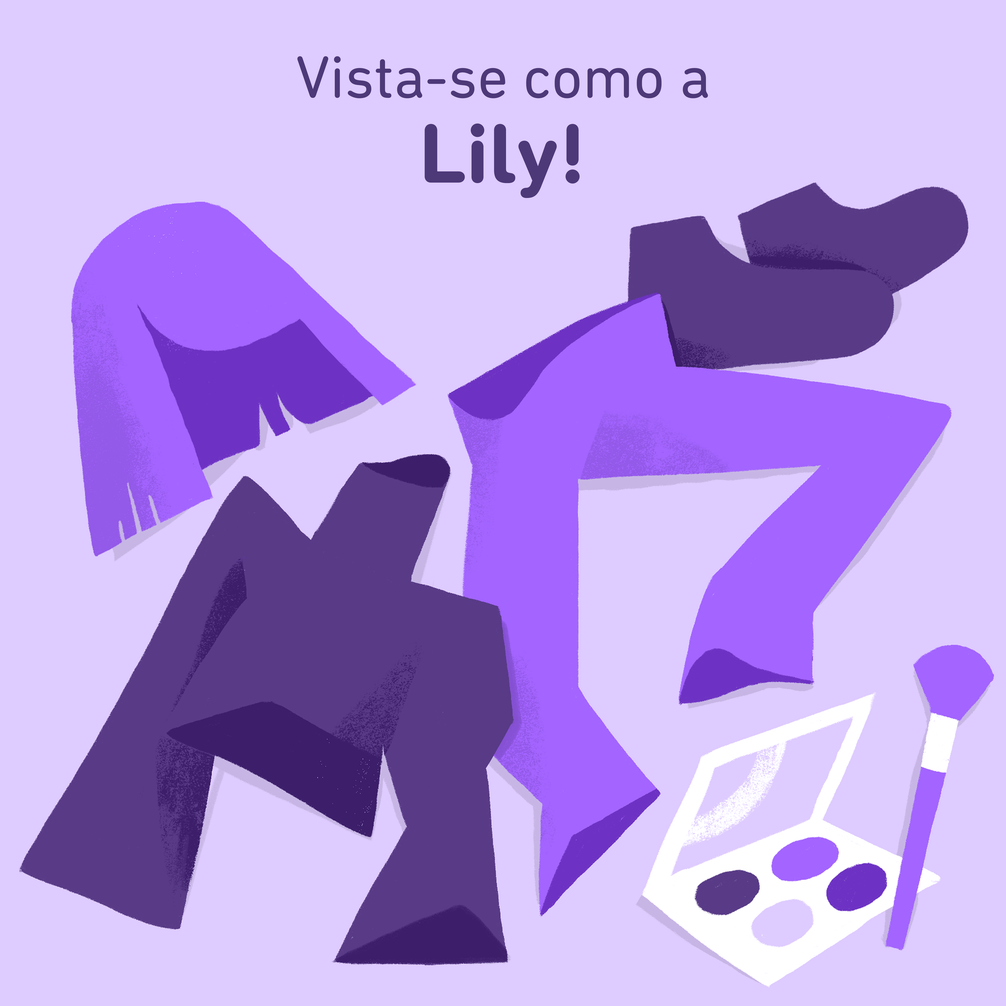 Ilustração de uma peruca roxa, uma blusa de gola alta roxa, calças roxas, sapatos roxos e uma paleta de maquiagens roxas.