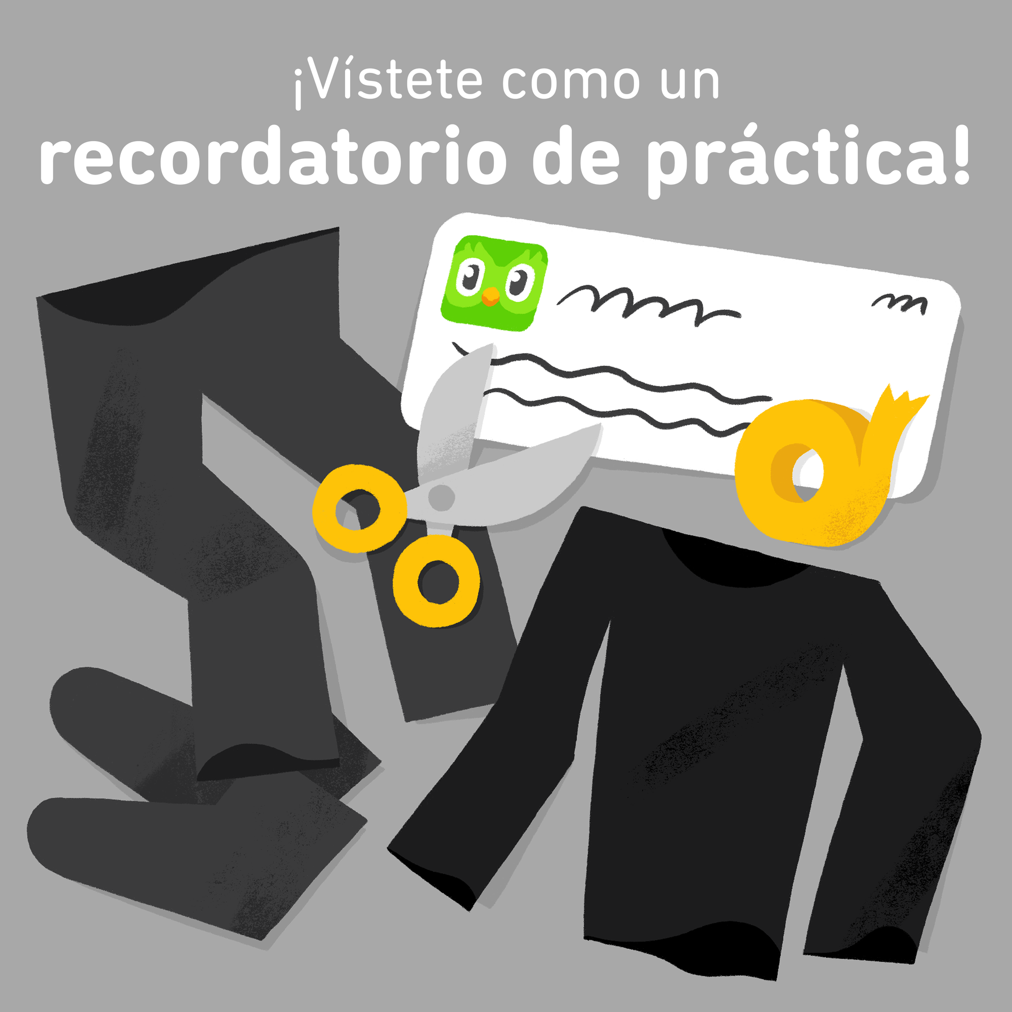 Ilustración de pantalones negros, zapatos negros, un suéter negro, tijeras, cinta adhesiva y un recorte de un recordatorio de práctica de Duolingo.