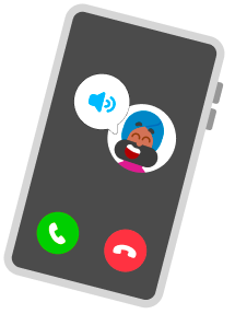 Image of a light gray cellphone, with a dark gray screen showing Vikram’s smiling face and a speaker symbol inside a speech bubble indicating an incoming call. A green circle and a red circle at the bottom of the screen both have a telephone symbol inside them, indicating the options to answer or ignore the phone call.