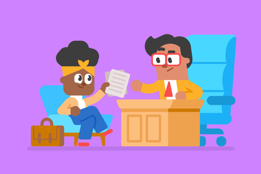 Bea sitting in a chair next to a briefcase, handing over papers to a man wearing glasses and a tie who is sitting at a desk.