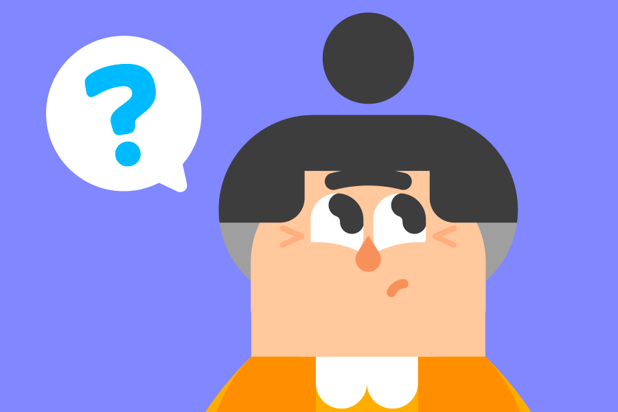 Lucy looking unsure with a question mark next to her head