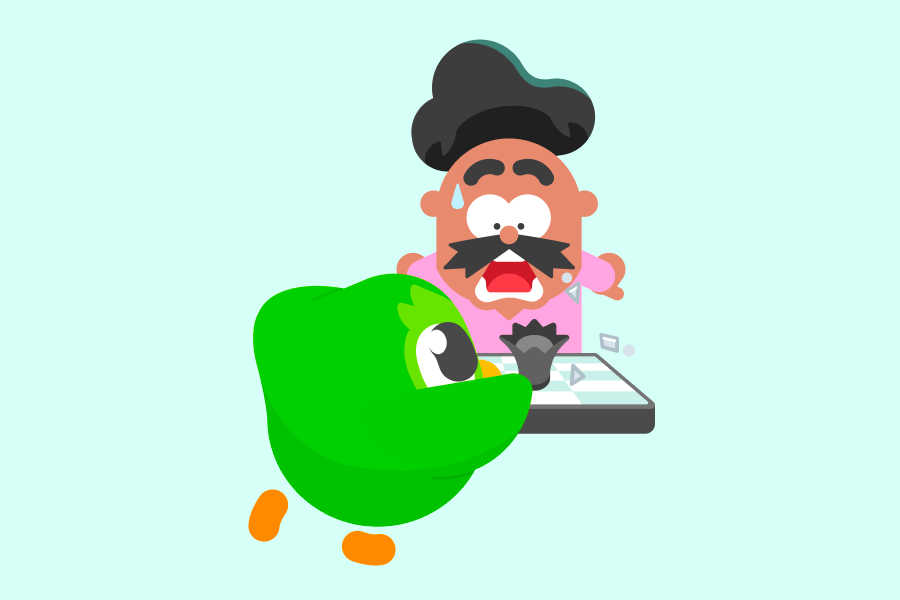 Illustration of Duo the owl and Oscar playing chess. Oscar is sweating and has a shocked expression.