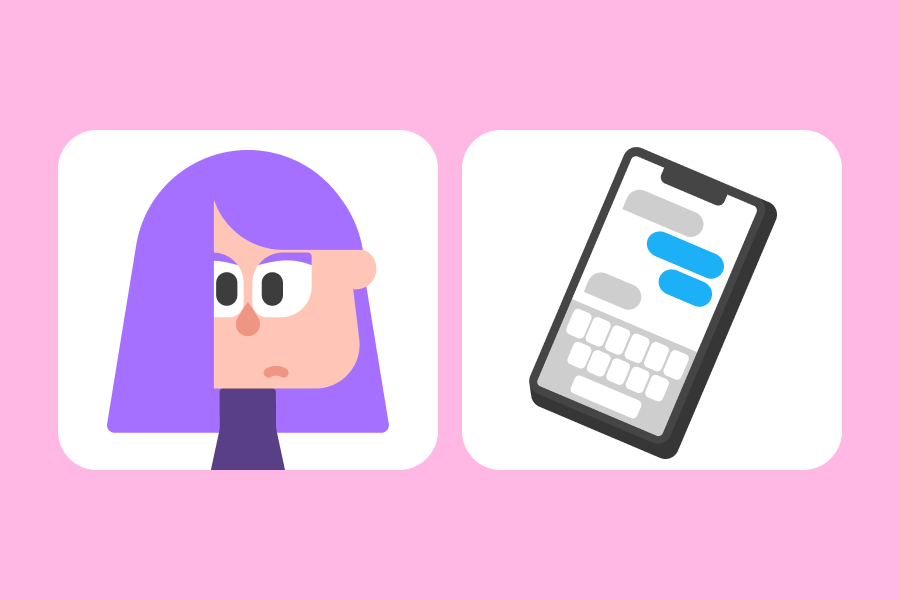 Ilustración de Lily sorprendida y sin palabras junto a un teléfono móvil