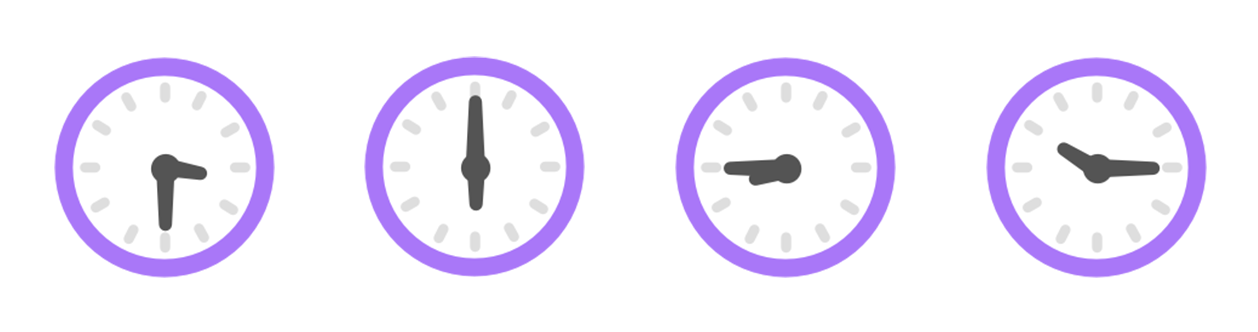 Illustration of four purple clocks, each showing a different time: 3:30, 6:00, 8:45, and 10:15