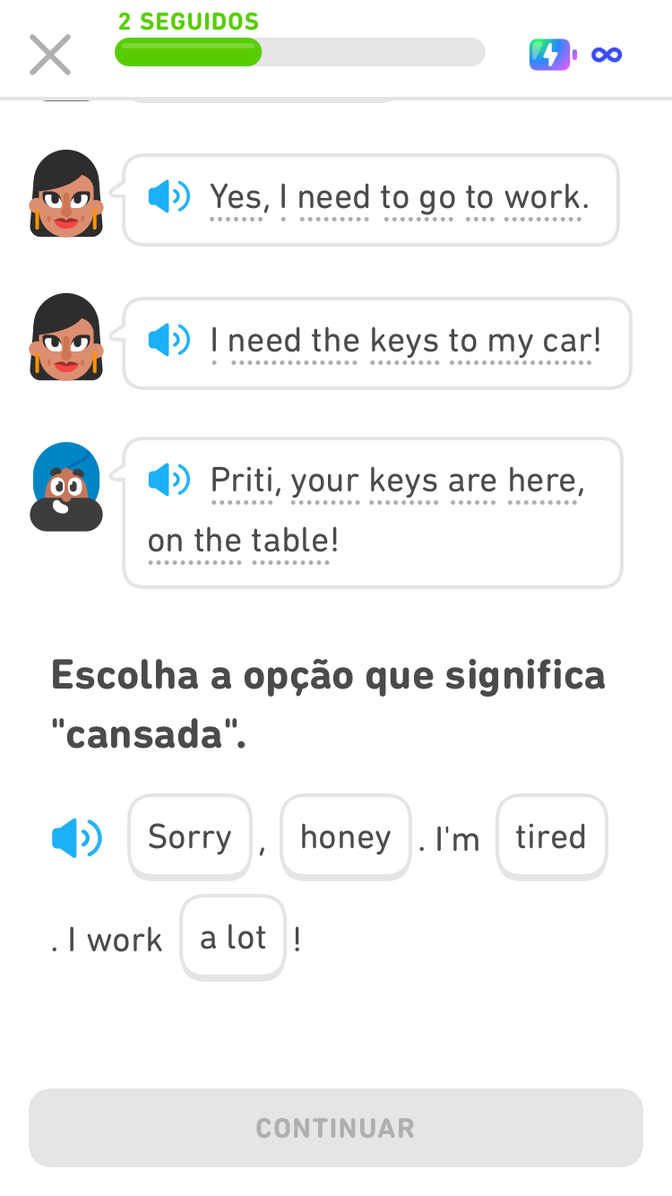 Captura de tela de parte de uma história em inglês, seguida de um exercício pedindo ao aluno para tocar em qual das palavras ou frases em inglês significa “cansada”.