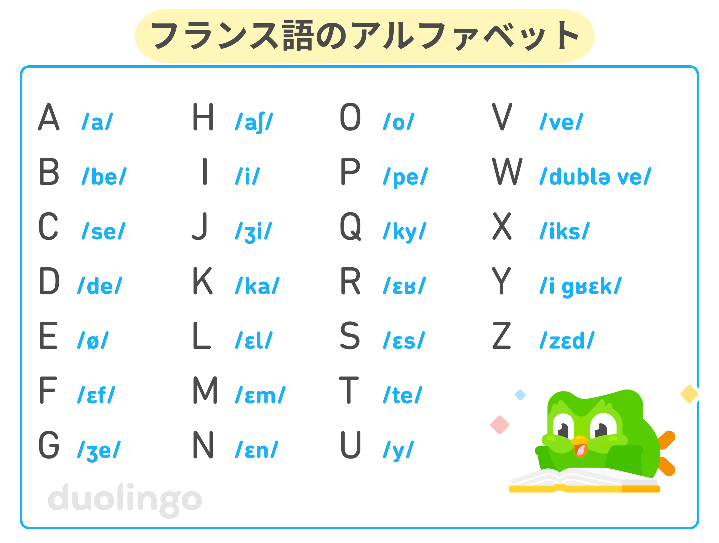 フクロウのデュオが寝そべって本を読んでいるイラストと、フランス語のアルファベット表。26のアルファベットの発音が、国際音声記号(International Phonetic Alphabet)で次のように表記されている。A /a/, B /be/, C /se/, D /de/, E /ø/, F /ɛf/, G /ʒe/, H /aʃ/, I /i/, J /ʒi/, K /ka/, L /ɛl/, M /ɛm/, N /ɛn/, O /o/, P /pe/, Q /ky/, R /ɛʁ/, S /ɛs/, T /te/, U /y/, V /ve/, W /dublə ve/, X /iks/, Y /i gʁɛk/, and Z /zɛd/.