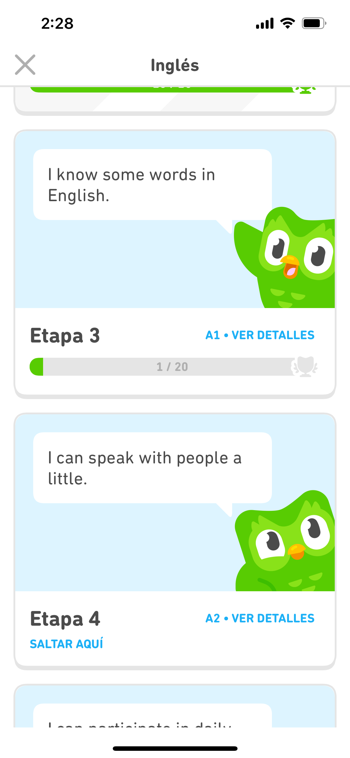 Screenshot of the EN<ES course section menu showing how much of the current section is completed and the upcoming sections