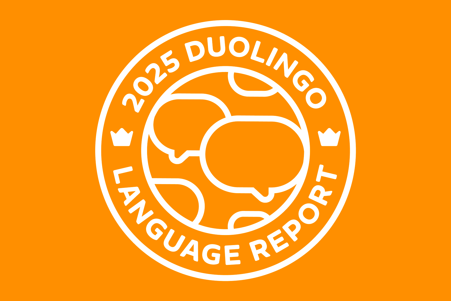 「2025 Duolingo Language Report」というフレーズが円を描くように地球の周りを飾り、大陸の代わりにセリフの吹き出しが描かれている。