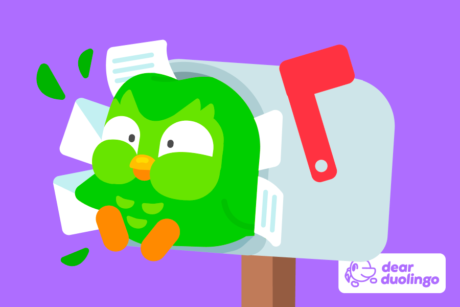 Illustration of Duo bursting from a mailbox filled with letters with the "Dear Duolingo" logo in the corner 