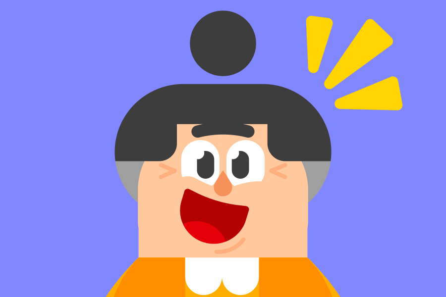 Lucy com olhar empolgado e um sorrisão aberto, com três sinais amarelos ao lado da cabeça indicando que ela entendeu algo.