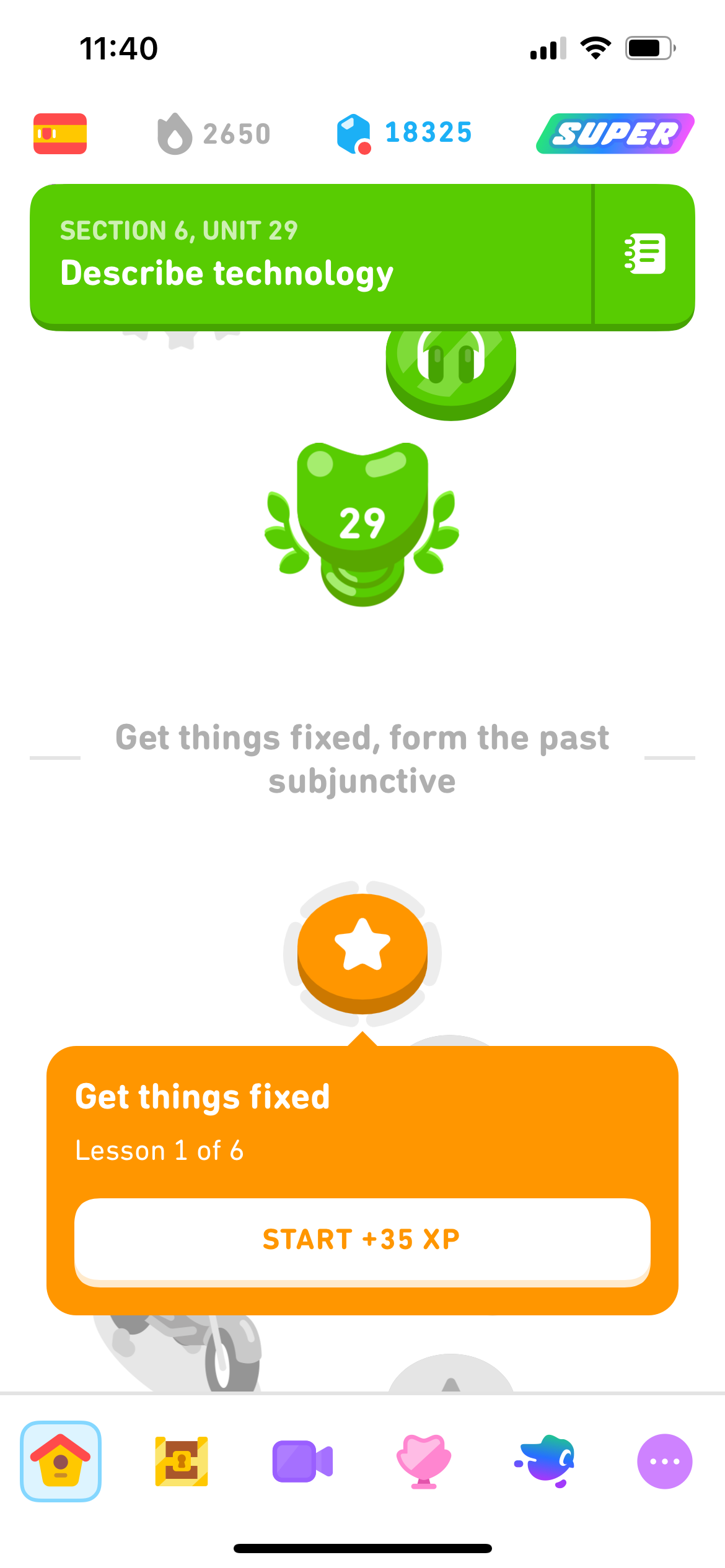 Screenshot of the Duolingo Spanish course, a node in the path has been clicked on and there is a bubble that says 'Start +35XP'