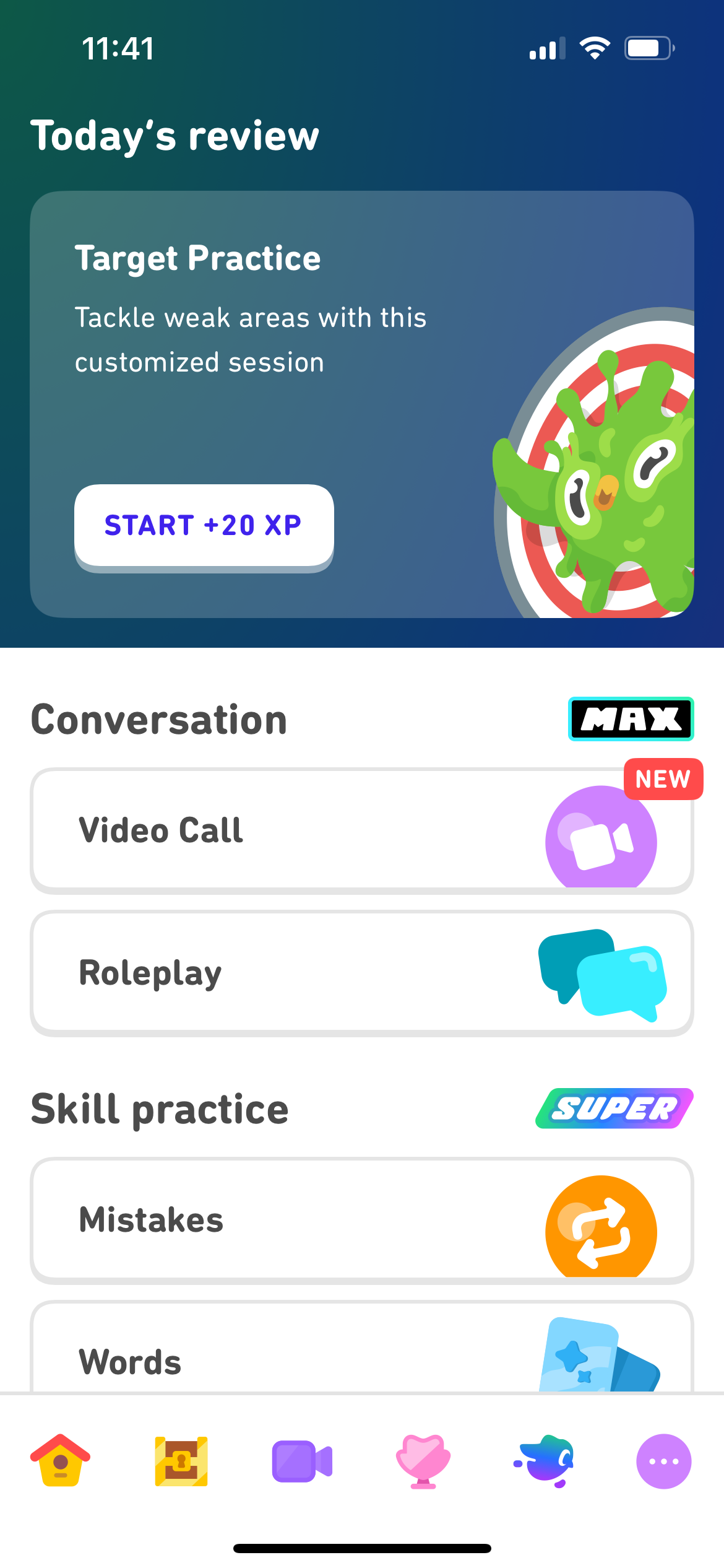 Screenshot of the Practice Hub that shows several tabs of customized practice, including Video Call and Roleplay for Max subscribers, and Mistakes and Words in the “Skill practice” section for Super subscribers.