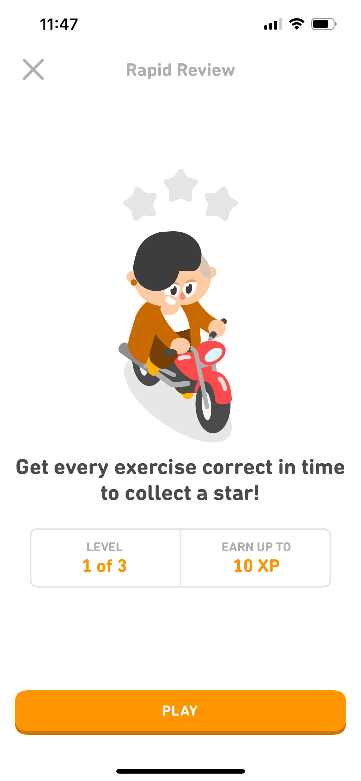 Screenshot of a Side Quest screen, where Lin is on a motorcycle and three blank stars are above her head. The text says “Get every exercise correct in time to collect a star!”