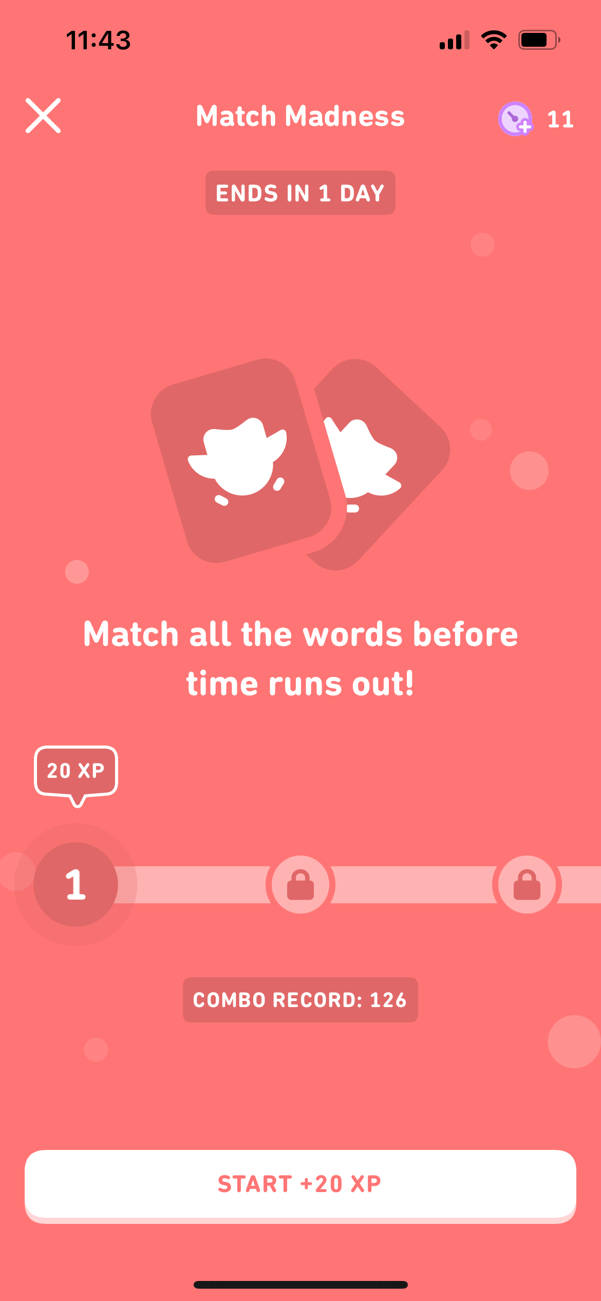 Screenshot of the March Madness screen, which reads 'Match all the words before time runs out!' Stage 1 has a bubble above it that reads 20XP.
