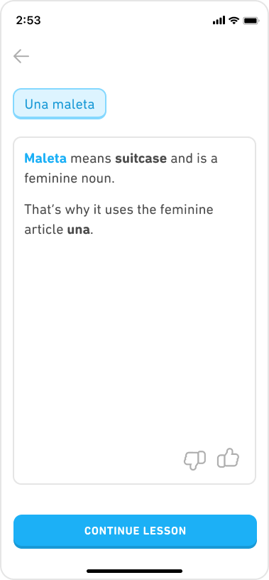 The answer explanation shows the learner's response (Una maleta) followed by a two-line explanation that reads: Maleta means suitcase and is a feminine noun. That's why it uses the feminine article una.
