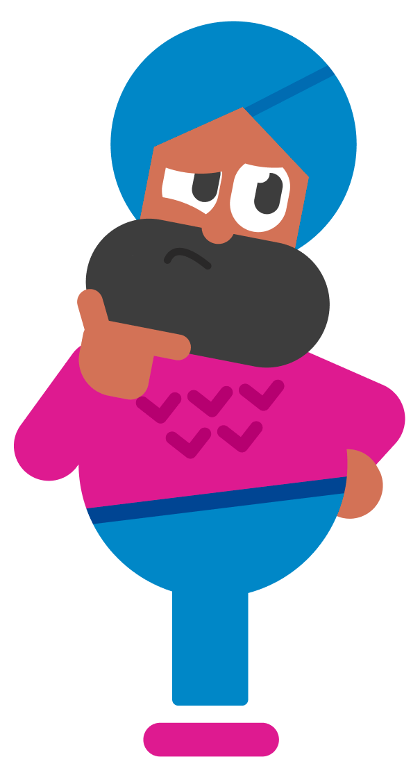 Illustration of the Duolingo character Vikram standing with one hand on his hip, and his other hand holding his beard-covered chin. He looks thoughtful or skeptical.