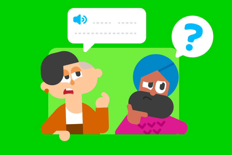 Image of Lin and Vikram looking inquisitive against a green background. Lin is looking at above her head, while Vikram has a question mark above his head.