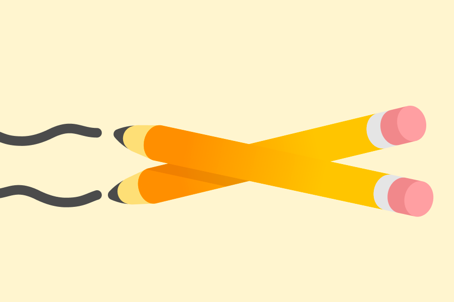 Deux crayons croisés en forme de X, avec des traits ondulés qui partent de leurs pointes.