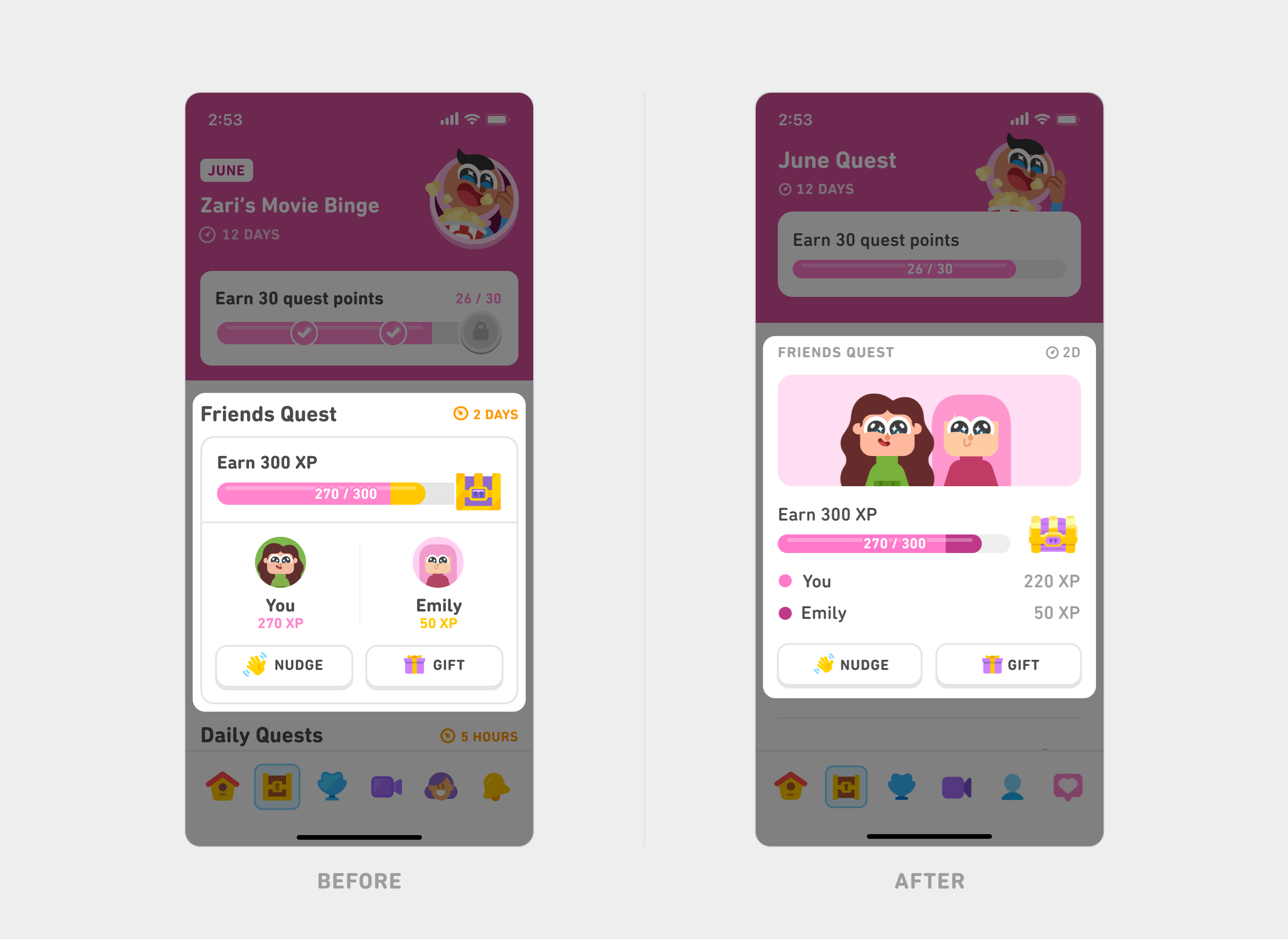 Two Friends Quest screens from Duolingo side by side labeled Before and After. In the Before screen, the quest is titled "Zari’s Movie Binge" with a segmented card layout and bright visual borders. The After version simplifies the layout under "June Quest" with flatter card styling, updated avatars, and less visual clutter while maintaining the same core functionality.