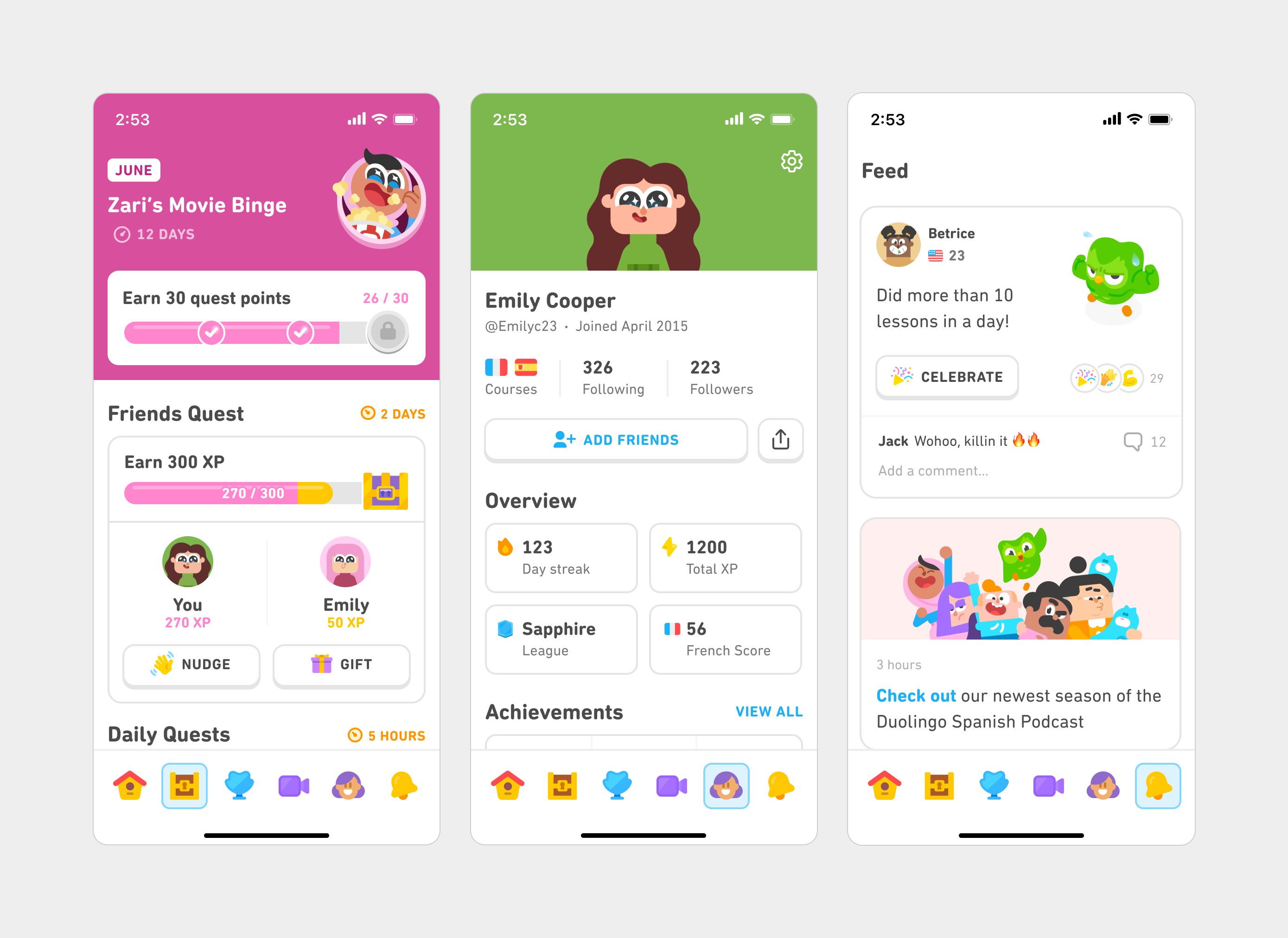 Three screenshots of different tabs in the Duolingo app. The first is from the monthly quest for “Zari’s Movie Binge,” second is the user profile page, and third is the feed.