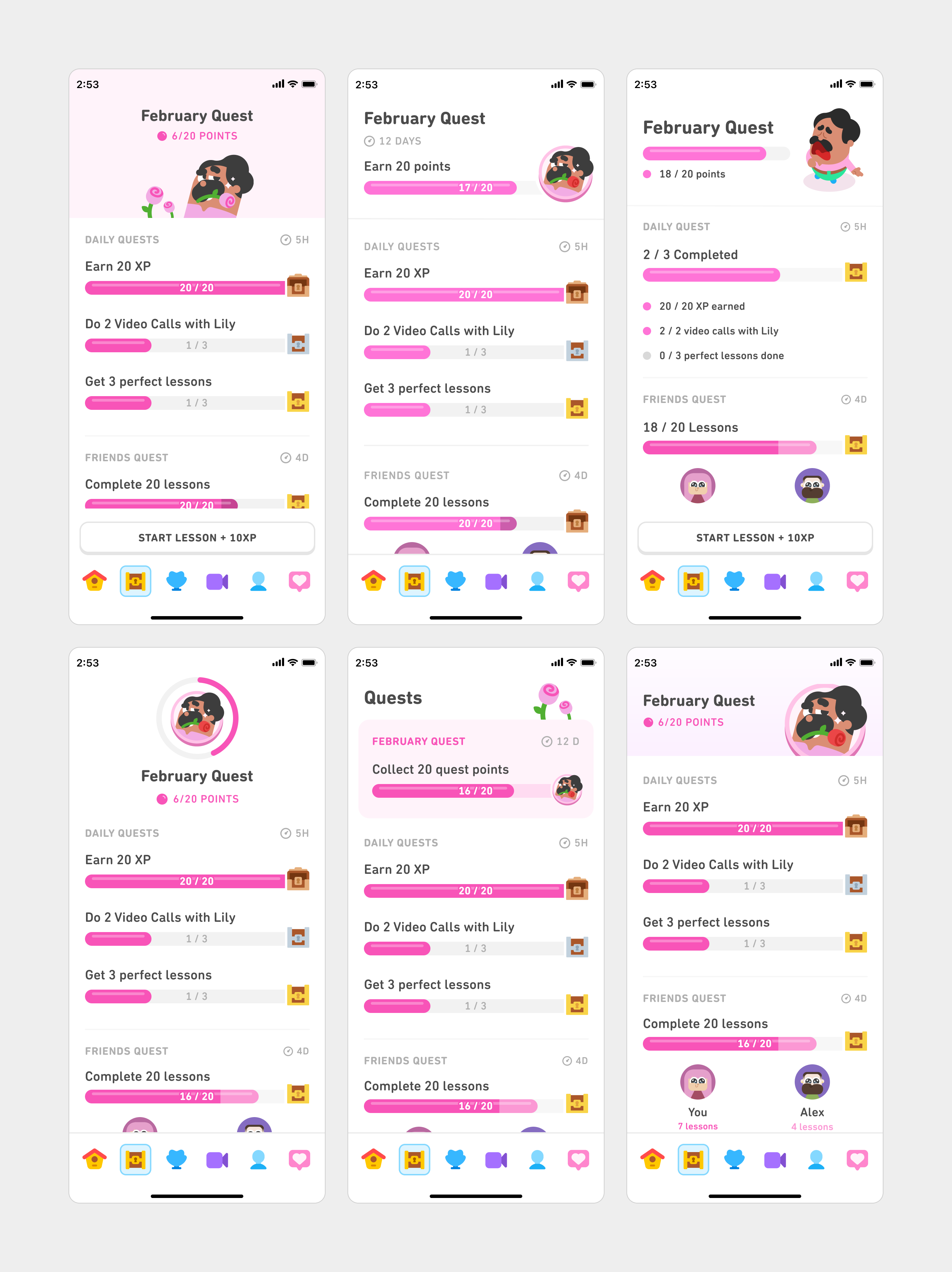 Animated GIF cycling through multiple design variations of Duolingo's "February Quest" screen. Each version shows different layouts, visual styles, and UI treatments for daily and friends quests, featuring elements like progress bars, task lists, icons, avatars, and button placements. The quest objectives remain consistent (e.g., earn XP, do video calls with Lily, complete lessons), but typography, alignment, and visual emphasis shift with each frame. Navigation icons at the bottom remain fixed. The animation highlights iteration and comparison of potential design directions.